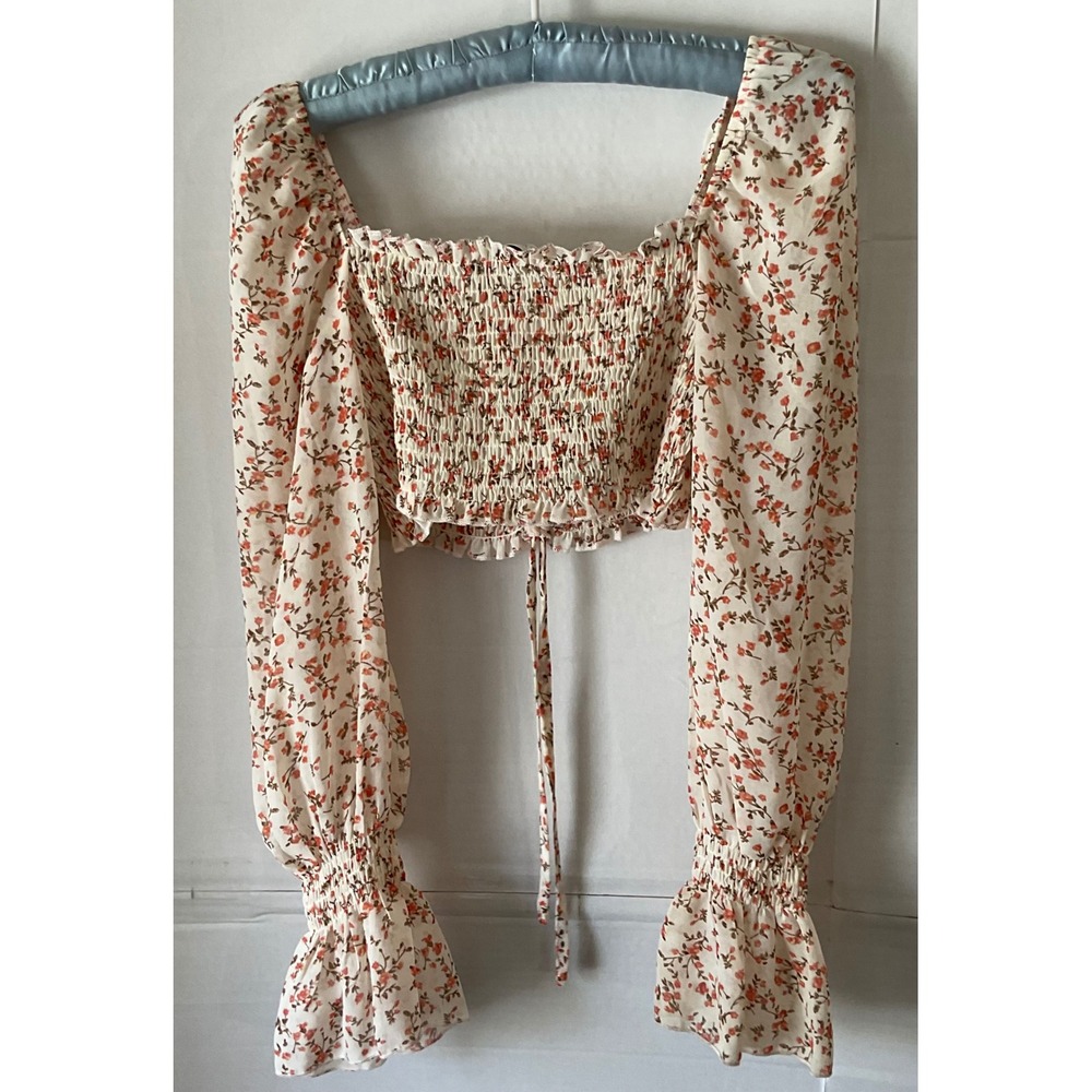 O.VIANCA Womens Medium Floral Smocked Crop Top Long Balloon Sleeve Orange Cream - Picture 8 of 9